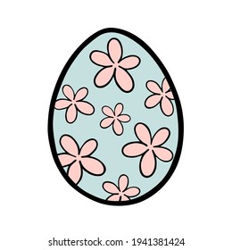 Colorful pastel Doodle Easter Egg with flowers on white silhouette. Hand drawn cartoon style, decoration for any design. Vector illustration of kid and holiday.