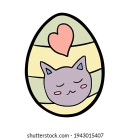 Colorful pastel Doodle Easter Egg with cat and heart on white silhouette. Hand drawn cartoon style, decoration for any design. Vector illustration of kid and holiday. 