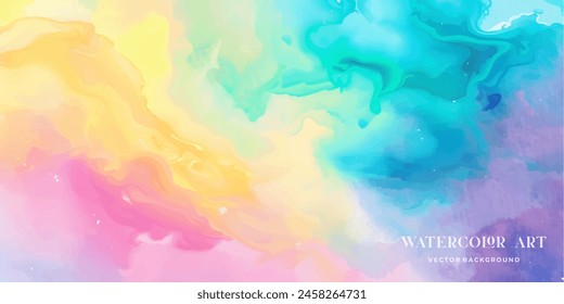 Colorful pastel drawing paper texture vector bright banner, print. Watercolor abstract wet hand drawn violet blue green yellow color liquid dye card for greeting, poster, design, art wallpaper