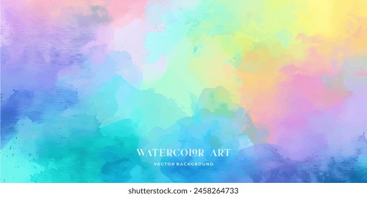 Colorful pastel drawing paper texture vector bright banner, print. Watercolor abstract wet hand drawn violet blue green yellow color liquid dye card for greeting, poster, design, art wallpaper