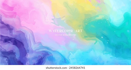 Colorful pastel drawing paper texture vector bright banner, print. Watercolor abstract wet hand drawn violet blue green yellow color liquid dye card for greeting, poster, design, art wallpaper