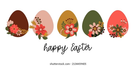 Colorful pastel Easter Egg set.  Happy Easter! Boho elements.