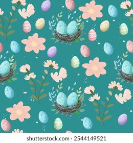 Colorful pastel Easter eggs in a nest surrounded by flowers and decorative elements. Easter Pattern with Colorful Eggs and Bunny Ears on White.Festive Easter Eggs and Bunny Ears Pattern on White Backg