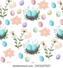 Colorful pastel Easter eggs in a nest surrounded by flowers and decorative elements. Easter Pattern with Colorful Eggs and Bunny Ears on White.Festive Easter Eggs and Bunny Ears Pattern on White Backg