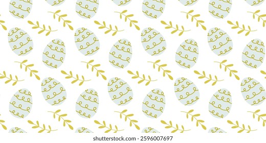 Colorful pastel Easter eggs pattern with green vines on a white background creating a festive spring design