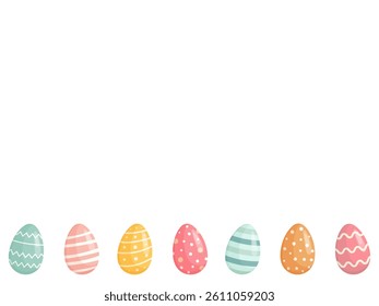 Colorful pastel Easter eggs with various patterns forming a bottom border on a white background. Perfect for greeting cards, banners, invitations, and spring holiday designs.