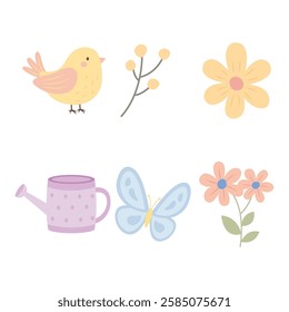 Colorful Pastel Elements Set of Bird Butterfly with Flower Floral and Watering Plant in the Garden