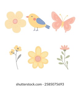 Colorful Pastel Elements Set of Bird Butterfly with Flower Floral in the Garden