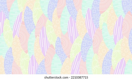 Colorido tablero de plumas pastel con líneas geométricas blancas. Colores alegres y brillantes, ambiente cálido.