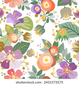 Coloridos elementos florales pastel vector patrón sin fisuras. Arte de textura atractiva en estilo vintage para la impresión en varias superficies (textil, envoltura, paquetes, ropa, etc.) o el uso en el diseño gráfico.