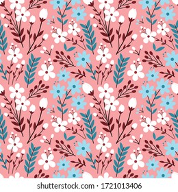 Colorful Pastel Flower Seamless Pattern With Pink Background