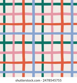 Colorful pastel gingham tartan check plaid seamless pattern in blue, pink, green and red on light background. vector seamless striped design for gift paper,fabric, tablecloth and home decor