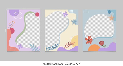 Pastel colorido Instagram Feed Templates com elementos florais e geométricos