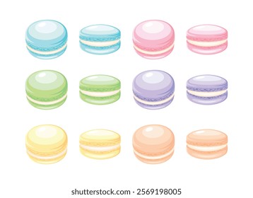 Colorful pastel macarons icon set vector illustration. Colored pastel french macaroons icon set vector isolated on a white background. Blue, pink, green, yellow, purple, brown macarons drawing