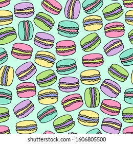 Colorful Pastel Macarons Pastry Bakery Food Doodle Cartoon Vector Illustration Outline Seamless Pattern Print Isolated Elements Mint Background