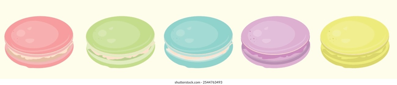  Colorful pastel macarons in pink, green, blue, purple, and yellow shades on a light background. Traditional French almond macarons cookies in different colors in cute cartoon style. 