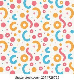 Colorful Pastel Memphis Squiggle Seamless Pattern.A vibrant and fun Memphis-inspired seamless pattern with colorful pastel squiggles and dots on a white background.