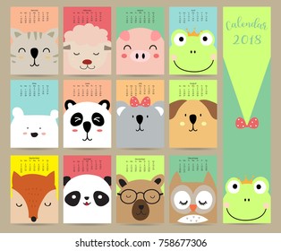 Colorful pastel monthly calendar 2018 with cat,sheep,pig,frog,bear,panda,dog,fox and owl.Can be used for web,banner,poster,label and printable