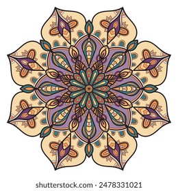 Colorful pastel outline flower, mandala.  Doodle round decorative element  isolated on white background. Floral geometric circle. 