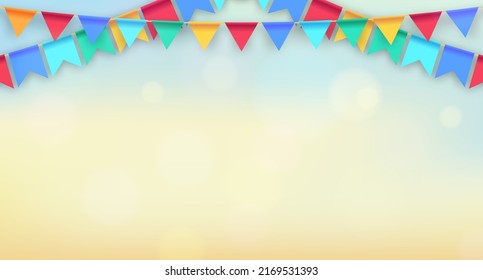 Colorful pastel Party Flags With bokeh On color gradient Background. Celebration Event Birthday. Multicolored. Vector. Celebrate banner. Party flags with confetti. Vector illustration