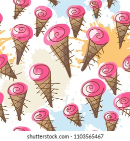 Colorful pastel pattern of ice cream on a striped background in pop art style