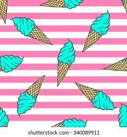 Colorful pastel pattern of ice cream on a striped background in pop art style