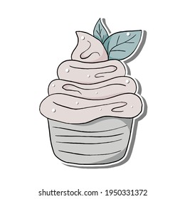 Colorful pastel pink Doodle Cupcake with green leaves on white silhouette and gray shadow. Hand drawn cartoon style, decoration for any design. Vector illustration of sweet, kid and party.