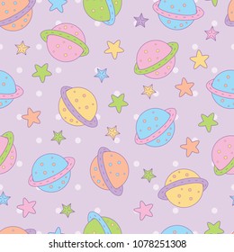 Colorful pastel planet star in purple dots background. A playful, modern, and flexible pattern for brand who has cute and fun style. Repeated pattern. Happy, bright, and magical mood.