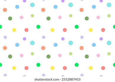 Colorful pastel polka dot pattern on a white background. Perfect for wrapping paper, wallpaper, and fabric designs.