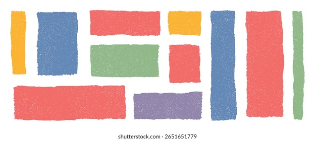 Colorful pastel rectangles and squares with rough crayon texture. Abstract sketchy doodle blocks, grunge vector elements. Hand drawn empty frames, creative playful background layout for text