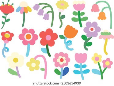 Colorido pastel retro flores de primavera florales Elementos gráficos mínimos fondo blanco aislado. Ilustración vectorial con estilo de niños