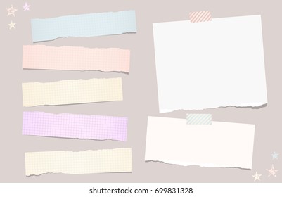 Colorful pastel, ripped, squared note, copybook, notebook paper strips stuck with sticky, adhesive tape on brown background and stars on corner.