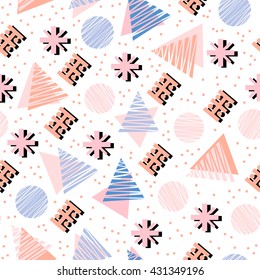 Colorful pastel seamless pattern with geometric shapes. Space vector design. Abstract ornament on white background. Contemporary vector illustration design. Mix of Pop Art and Scandinavian styles.