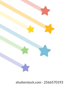 Colorful pastel shooting stars corner border frame. Flat decorative vector design isolated illustration.