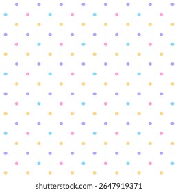 Colorful pastel small polka dot seamless pattern on white background.Simple repeat ornament.Surface for textile.Decoration for fabric or cloth.Modern backdrop.Cute wrapping paper.Vector illustration.