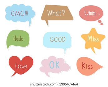 Colorful pastel speech bubble with text on white isolated background. Sweet and cute vector art pattern for chat, message, template, sticker and other design in minimal trendy vintage retro concept.