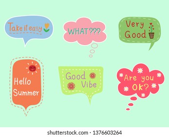 Colorful pastel speech bubble with text on blue isolated background. Sweet and cute vector art pattern for chat, message, template, sticker and other design in minimal trendy vintage retro concept.