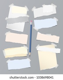 Colorful pastel torn note, notebook paper pieces for text stuck on gray background with blue pencil. Vector illustration.