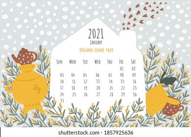 Colorful pastel vector calendar 2021. Month january. Funny and cute. Kids sketch doodle style. Nature design with house, sea ​​buckthorn and lemon. Horizontal wall. Calendar template for winter months
