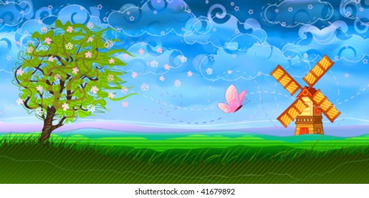 Colorful pastoral landscape with a windmill and a blooming tree