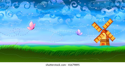 Colorful pastoral landscape with a windmill and two butterflies