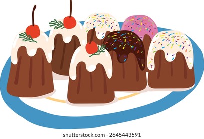 Ilustração de massa colorida Canelé com coberturas | Vetor de sobremesa francês