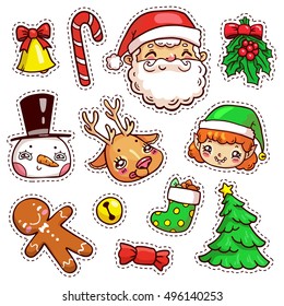 Colorful patch badges of different Merry Christmas attributes. Set of Happy New Year stickers, pins, magnets in cartoon comic style. Santa Claus, snowman, elf, deer, gingerbread man.