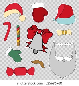 Colorful patch badges of different Merry Christmas attributes. Set of Happy New Year stickers, pins, magnets in cartoon comic style. Santa Claus Mittens, candy cane, beard, cap and bell