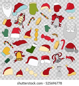 Colorful patch badges of different Merry Christmas attributes. Set of Happy New Year stickers, pins, magnets in cartoon comic style. Santa Claus Mittens, candy cane, beard, cap and bell
