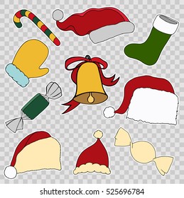 Colorful patch badges of different Merry Christmas attributes. Set of Happy New Year stickers, pins, magnets in cartoon comic style. Santa Claus Mittens, candy cane, beard, cap and bell