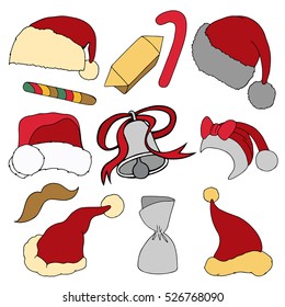 Colorful patch badges of different Merry Christmas attributes. Set of Happy New Year stickers, pins, magnets in cartoon comic style. Santa Claus Mittens, candy cane, beard, cap and bell