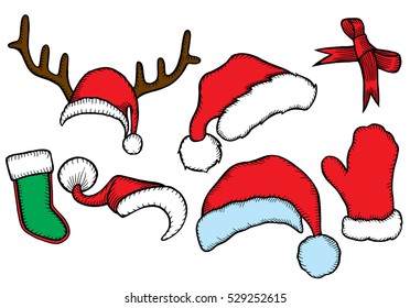 Colorful patch badges of different Merry Christmas attributes. Set of Happy New Year stickers, pins, magnets in cartoon comic style. Santa Claus Mittens, caps sock