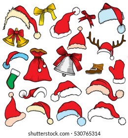 Colorful patch badges of different Merry Christmas attributes. Set of Happy New Year stickers, pins, magnets in cartoon comic style. Santa Claus Mittens, cap and bell