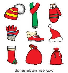 Colorful patch badges of different Merry Christmas attributes. Set of Happy New Year stickers, pins, magnets in cartoon comic style. Santa Claus Mittens, candy cane, beard, cap and bell